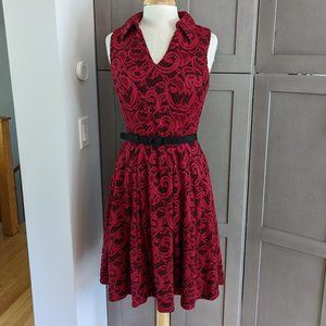 Red Lace Overlay on Black Midi Dress - Size 6